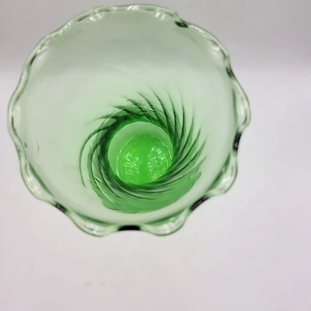 Vintage Green Glass Ruffled Edge Swirl Optic Vase